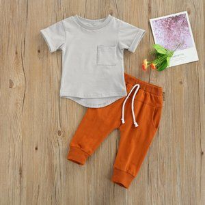 Baby Boys Basic Round Neck Short Sleeve Solid Color Pocket T-Shirt And Elastic P